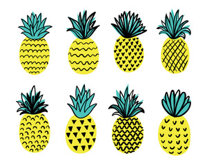 Tropical set with doodle yellow pineapples. Hand drawn pineapples isolated on white background. for fabric, drawing labels, print, wallpaper of children's room, fruit background