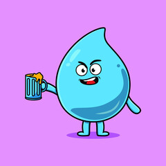 Water drop cartoon mascot character with beer glass and cute stylish design