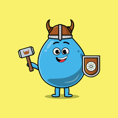 Cute cartoon character Water drop viking pirate with hat and holding hammer and shield