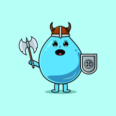 Cute cartoon character Water drop viking pirate with hat and holding ax and shield 
