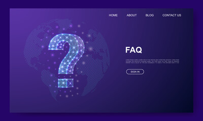 Question mark 3d low poly website template. Help support design illustration concept. Polygonal FAQ symbol for landing page, advertising page.