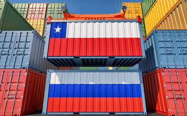 Cargo containers with Chile and Russia national flags. 3D Rendering