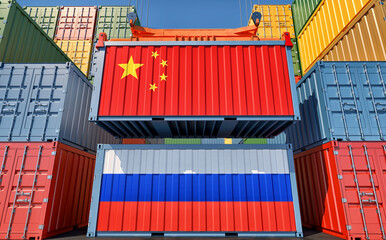 Cargo containers with China and Russia national flags. 3D Rendering