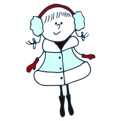 Hand drawn Snow Maiden, Girl in warm clothes. Doodle vector illustration Snow Maiden. Winter Girl 