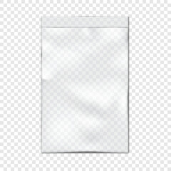 Clear vinyl zipper pouch on transparent background vector mock-up. Blank empty plastic bag with zip lock mockup - 518924438