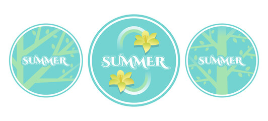 Summer logo template. Round logo template with flowers. Lily flowers and tree branches. Turquoise and yellow colors logotype. Summer and light colors logo vector illustration. Three logo options. 