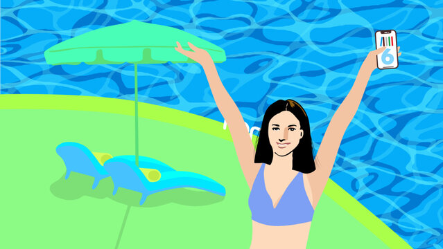 A beautiful black-hair  young woman raises both arms in bikinis   standing on the edge of a swimming pool with a large parasol, two Chaise longues, vector illustration