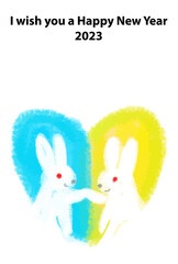 手描きのウクライナカラーのハートとうさぎの年賀状テンプレート