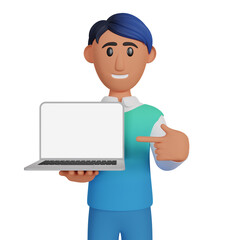 Man showing screen of laptop 3d illustration
