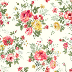 seamless floral pattern with rose bouquet on white background - 518926866