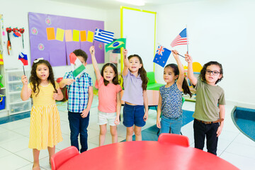 Multiracial preschool learning different cultures and countries