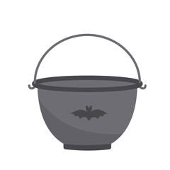 Cauldron. Empty cauldron with bat. Flat, cartoon, vector