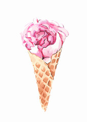 Hand drawn watercolor art. Waffle cone with pink ice cream and flower bud. Sweet dessert.