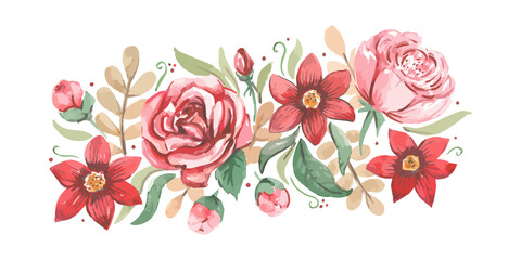 Hand drawn watercolor artwork. Live flowers with rose petals, buds and leaves.