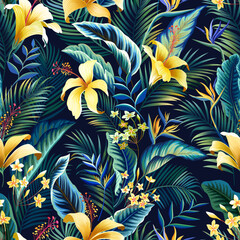 seamless tropical pattern with hibiscus and palm tree leaves - 518927605
