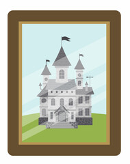 Painting with castle in frame. Flat, cartoon, vector
