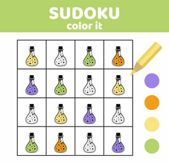 Fototapeta premium Sudoku. Potion bottles. Coloring sudoku with potion bottles. Halloween. Cartoon