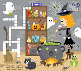 Halloween crossword with witch. Cauldron. Educational puzzle game for kids. Flat, cartoon, vector