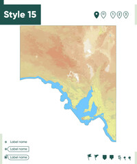 South Australia, Australia - map with shaded relief, land cover, rivers, lakes, mountains. Biome map.