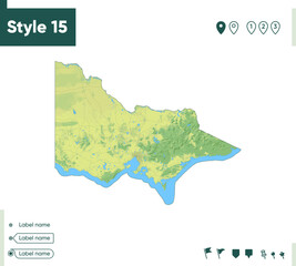 Victoria, Australia - map with shaded relief, land cover, rivers, lakes, mountains. Biome map.