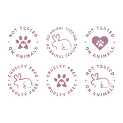 Not tested on animals label set. Circle cruelty free badge with dog paw print and rabbit. - obrazy, fototapety, plakaty
