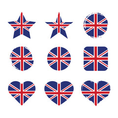 Uk vector circle and heart flag set. United kingdom dry brush and grunge effect stamp flags.