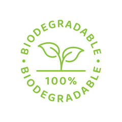 Biodegradable label in green with leaf and circle. Eco packaging recyclable symbol.