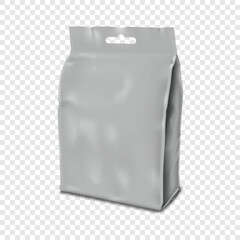 Plastic or paper bag with euro slot realistic vector mock-up. Blank side gusset pouch with hanging hole mockup