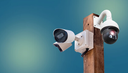 Multi-angle CCTV system on wooden poles, background blast cipping path
