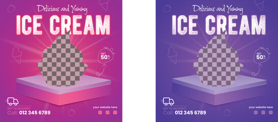 Ice Cream Food social media banner design, restaurant business marketing Instagram post template, squire web banner design, food online promotion flyer, poster ads, Sale cover. fast hot 