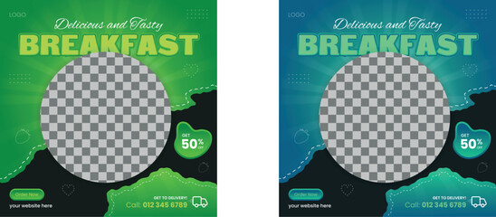 Breakfast healthy Food social media banner design, restaurant business marketing Instagram post template, squire web banner design, food online promotion flyer, poster ads, Sale cover. green vagetable