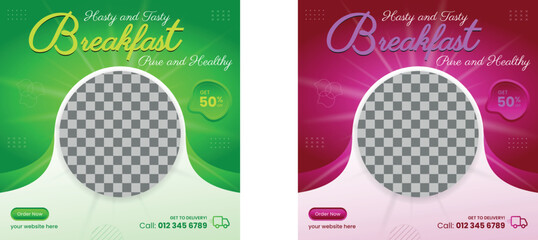 Breakfast healthy Food social media banner design, restaurant business marketing Instagram post template, squire web banner design, food online promotion flyer, poster ads, Sale cover. green vagetable
