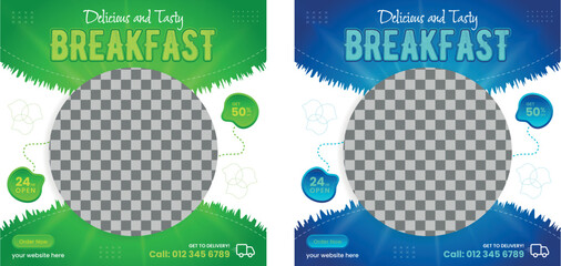 Breakfast healthy Food social media banner design, restaurant business marketing Instagram post template, squire web banner design, food online promotion flyer, poster ads, Sale cover. green vagetable