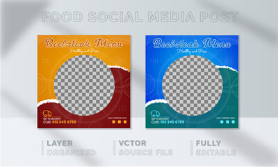 Breakfast healthy Food social media banner design, restaurant business marketing Instagram post template, squire web banner design, food online promotion flyer, poster ads, Sale cover. green vagetable