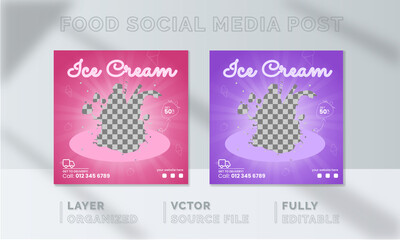 Ice Cream Food social media banner design, restaurant business marketing Instagram post template, squire web banner design, food online promotion flyer, poster ads, Sale cover. fast hot 