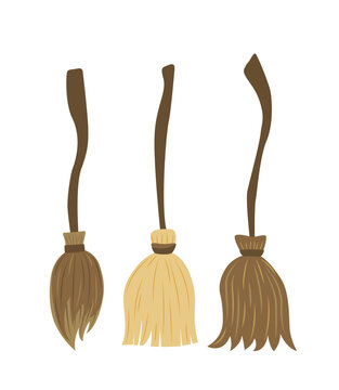 Broom set. Brooms for witch. Cartoon, flat, vector