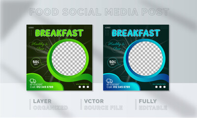 Breakfast healthy Food social media banner design, restaurant business marketing Instagram post template, squire web banner design, food online promotion flyer, poster ads, Sale cover. green vagetable