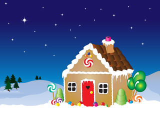 Fototapeta premium Vector illustration of a gingerbread house snow scene with star filled sky. EPS10 vector format