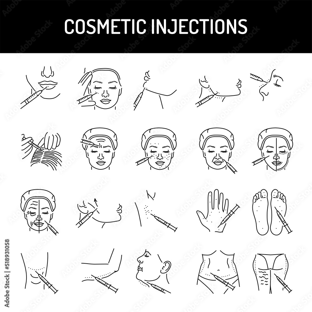 Poster cosmetic injections line icons set. isolated vector element.