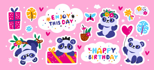 Cute panda stickers. Cartoon animals. Color labels. Happy Chinese bear poses. Birthday party. Comic mascot with balloon and holiday gift. Tropical fauna. Exotic flowers. Garish vector set