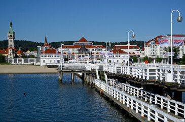 Historic lighthouse seen from pier, Sopot, Pomerania, Poland, Europe
