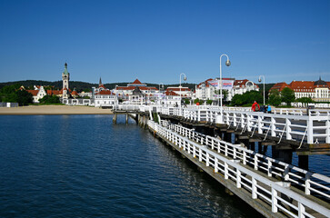 Historic lighthouse seen from pier, Sopot, Pomerania, Poland, Europe