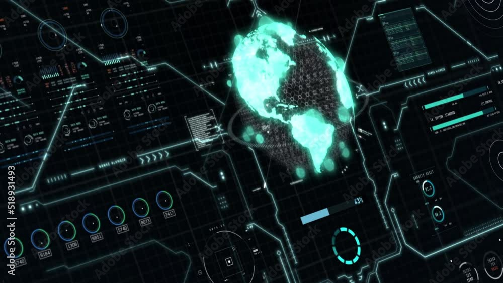 Aufkleber green blue earth user interface head up display with hud element and white grid on black background.