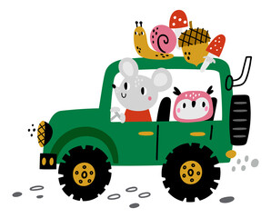 Forest animals traveling in green offroad car. Cute kid print
