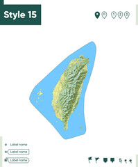 Taiwan, China - map with shaded relief, land cover, rivers, lakes, mountains. Biome map.