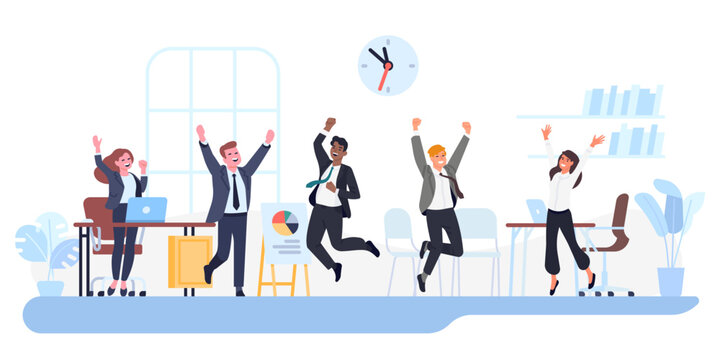 Happy business people. Cheerful men and women jumping in office. Employees work success. Workers team victory. Businessmen celebrating achievements. Excited colleagues poses. Vector concept