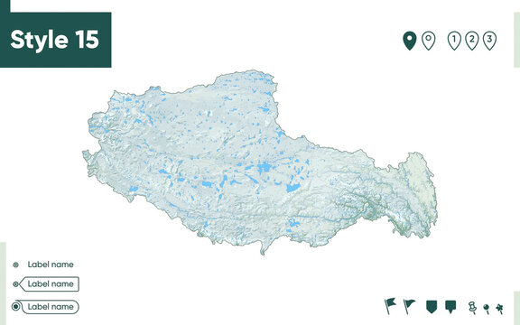 Tibet, China - map with shaded relief, land cover, rivers, lakes, mountains. Biome map.