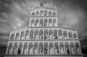 Dramatic image of the exterior of the San Michele Cathedral in Lucca, Italy