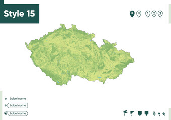 Czech Republic - map with shaded relief, land cover, rivers, lakes, mountains. Biome map.