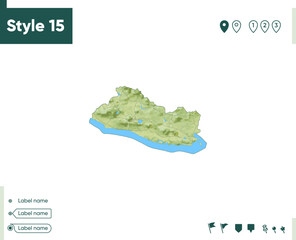 El Salvador - map with shaded relief, land cover, rivers, lakes, mountains. Biome map.